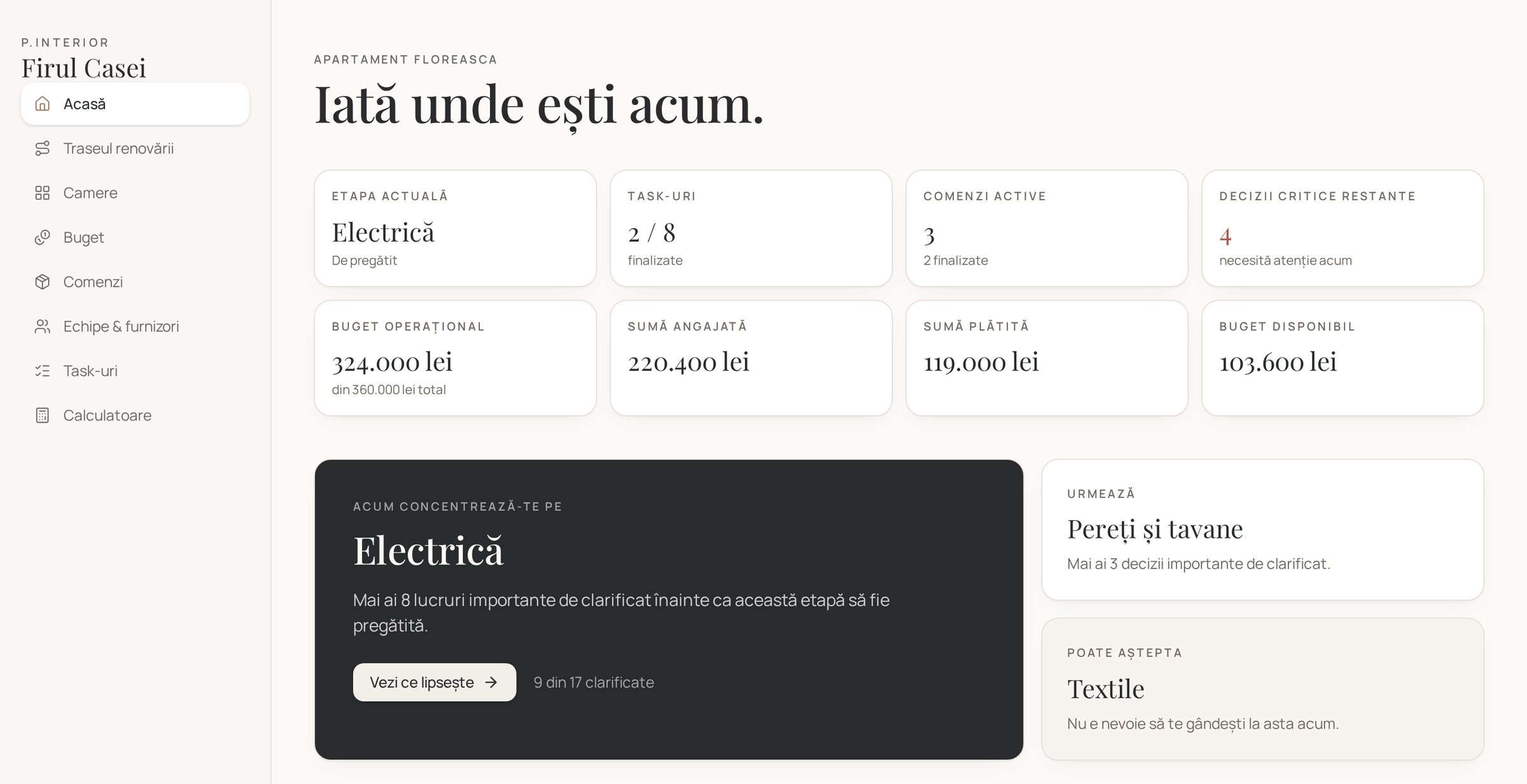 Ecranul Acasă din Firul Casei, cu etapa curentă și bugetul