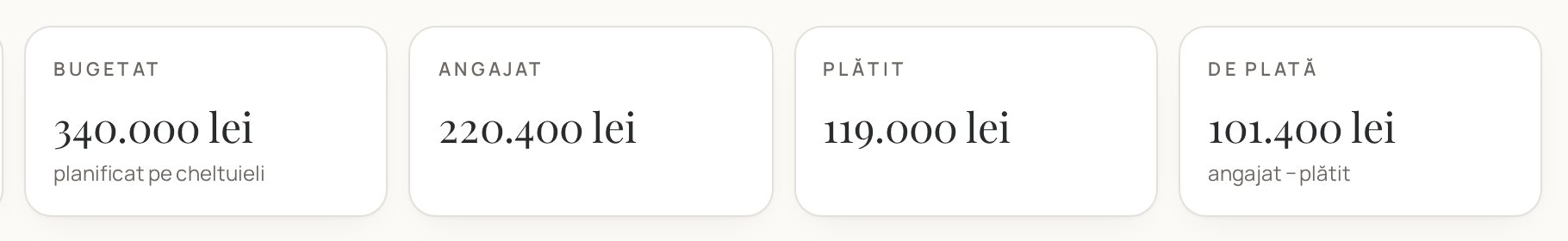 Detaliu: Bugetat, Angajat, Plătit, De plată