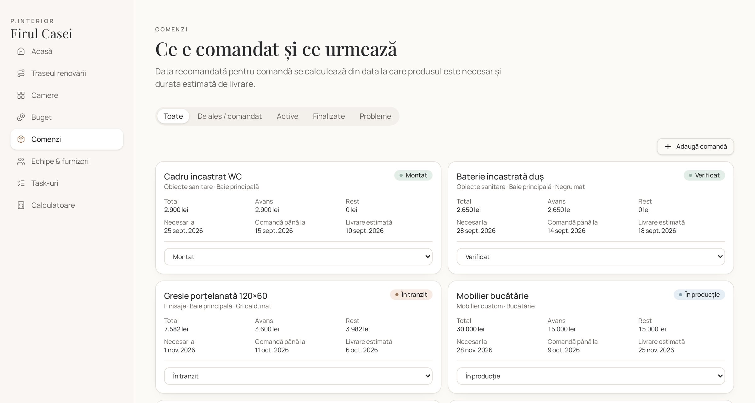 Lista de comenzi cu statusuri și termene